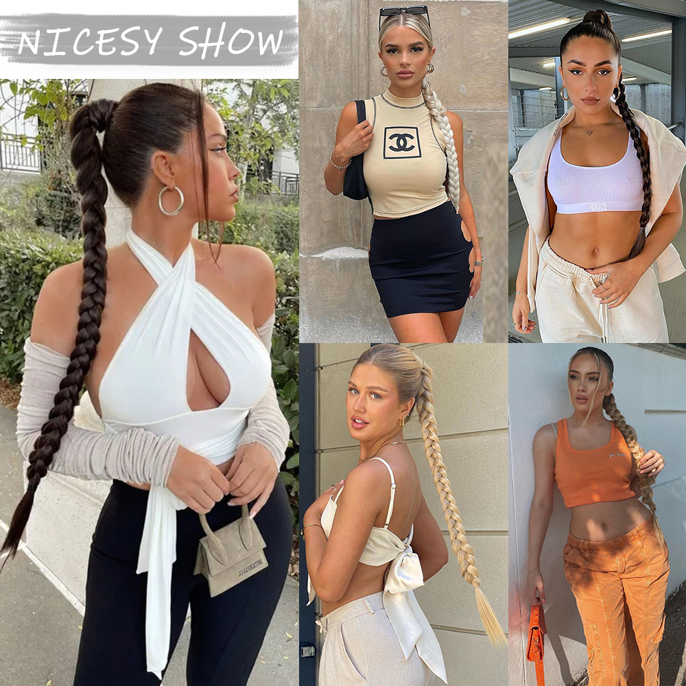 ยาวต่อผมหางม้าถักผมหางม้าสังเคราะห์ 85 ซม.ยางรัดสีบลอนด์ธรรมชาติสีดําสําหรับ Hairpiece ผู้หญิง Braids