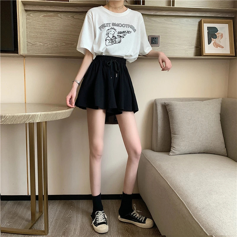 MEXZT 5Xl faldas cortas de verano para mujer, pantalones cortos de pierna ancha informales elásticos de cintura alta, minifalda holgada de línea A coreana, pantalones cortos negros