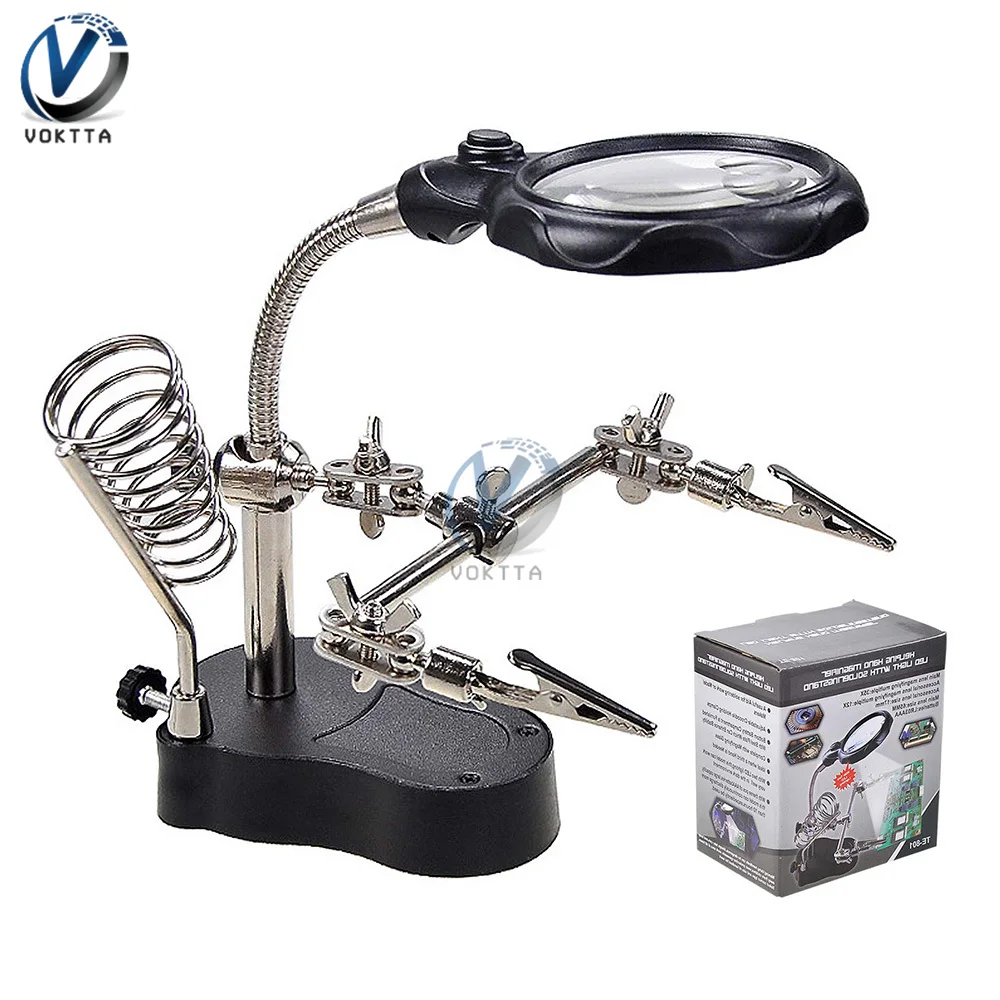 แบบพกพาสีเหล็กบัดกรี LED แว่นขยายขาตั้งเหล็กบัดกรี Rework Station เดสก์ท็อปแว่นขยายบัดกรีซ่อมเครื่องมือ