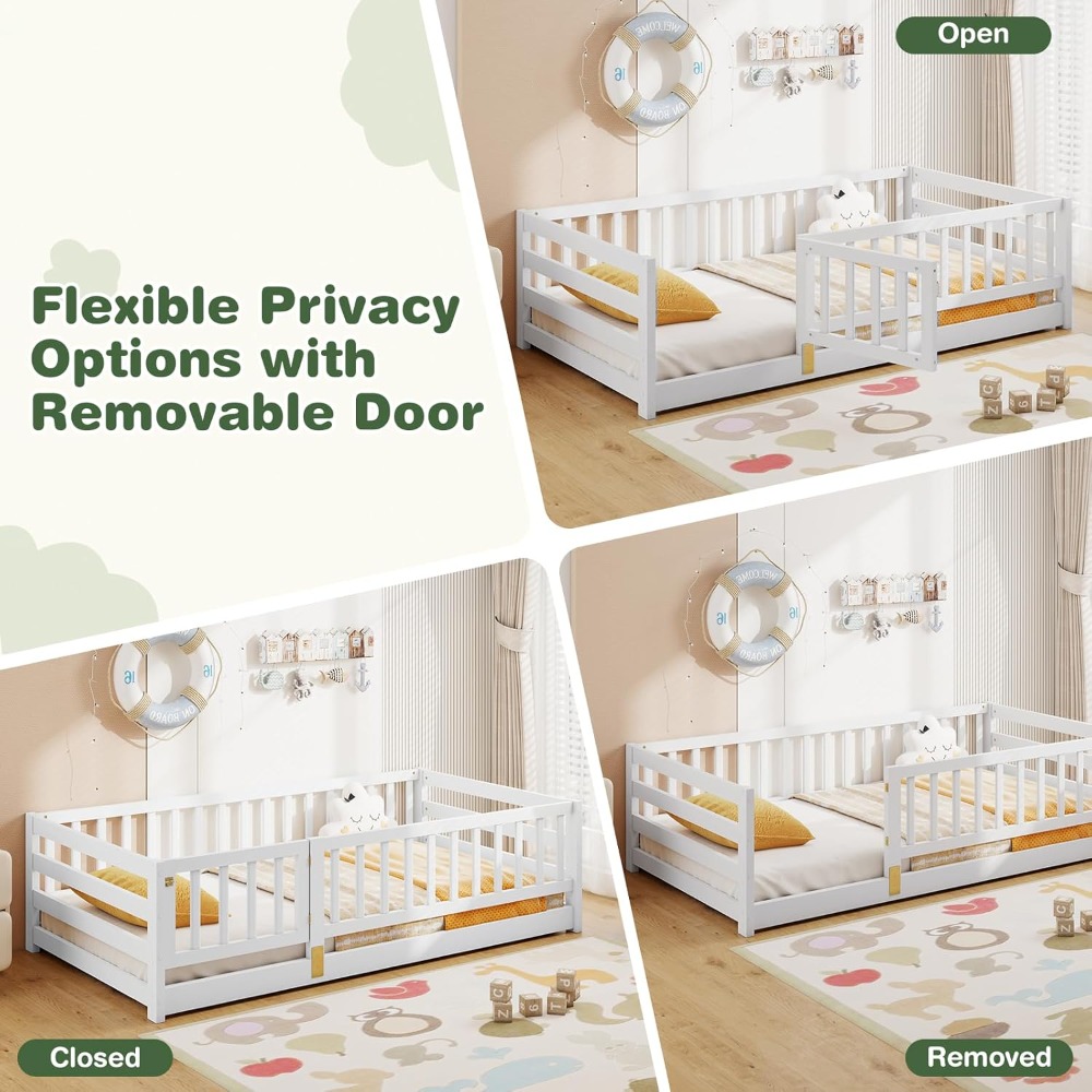 Floor Bed with High Rails, Solid Wood Kids Montessori Beds Frame w/Safety Guardrails & Door, Twin Size Bedframe Platform w/