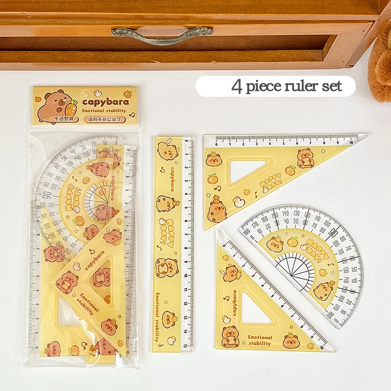 1Set Cartoon Capybara Student Ruler Set 10/15cm Kawaii Stright/Triangle/Protractor Measuring Tool Kids Gifts School Stationery