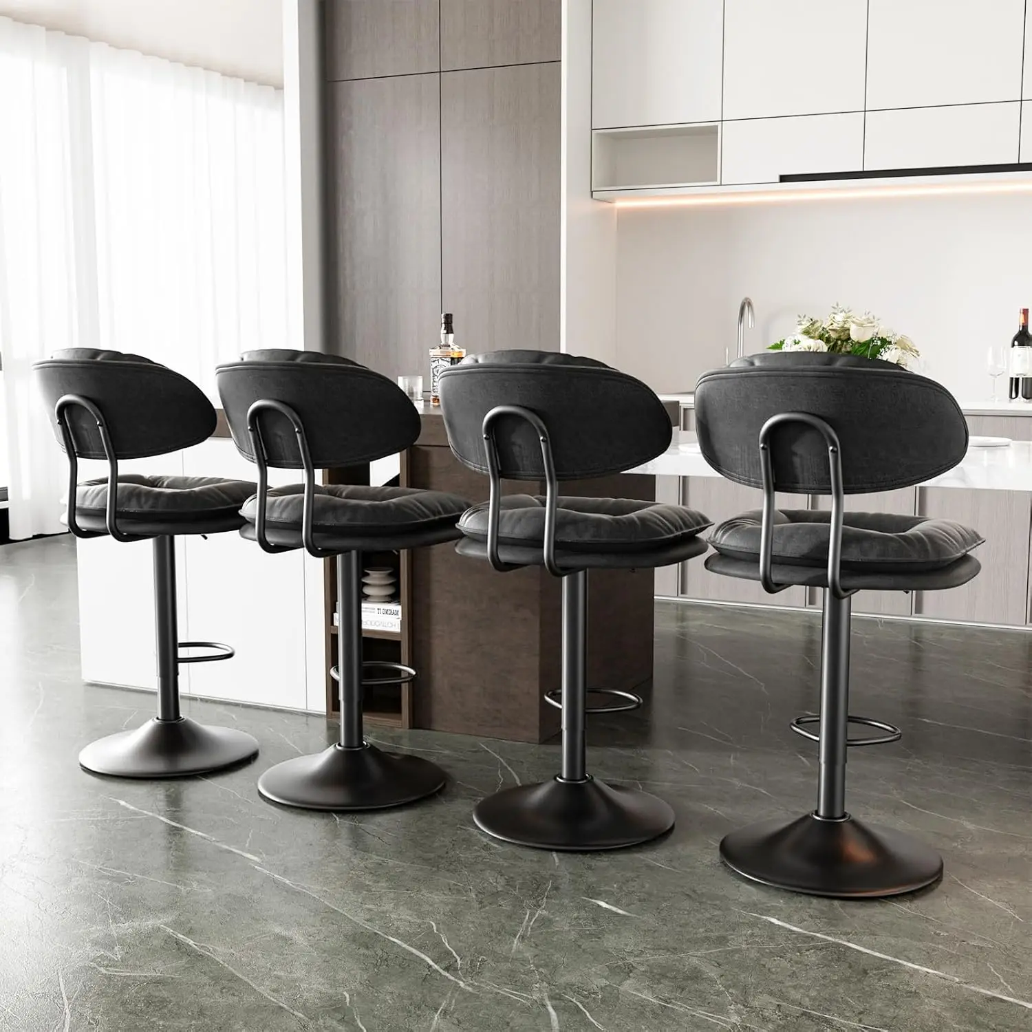 Modern Bar Stools Set of 4, Ergonomic Performance Fabric Upholstered Bar Stools with Back, Double-Layer Adjustable Swivel