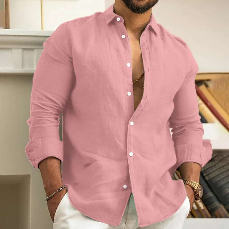 Camisa de lino para hombre, camisa de verano, ropa de playa, camisa informal con botones, negro, blanco, rosa, manga larga, solapa de Color sólido, primavera y verano 6XL