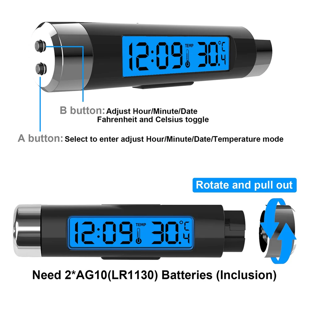 Portátil 2 em 1 carro digital lcd relógio de temperatura display relógio eletrônico termômetro carro automotivo luz de fundo azul com clipe