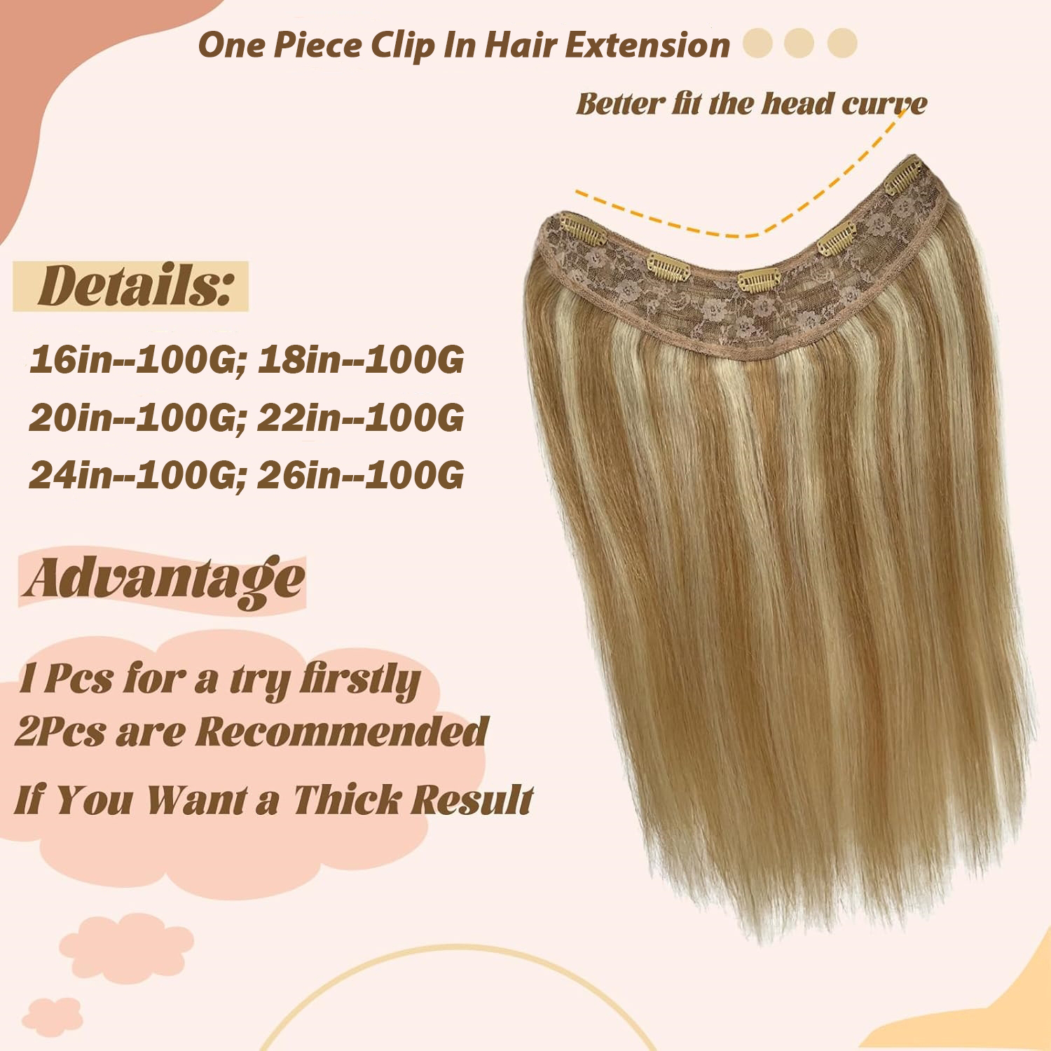Highlight #8/613-Extensions de Cheveux 100% Humains Lisses, 5 Clips, 100g par Ensemble, Tête Complète, 1 Pièce