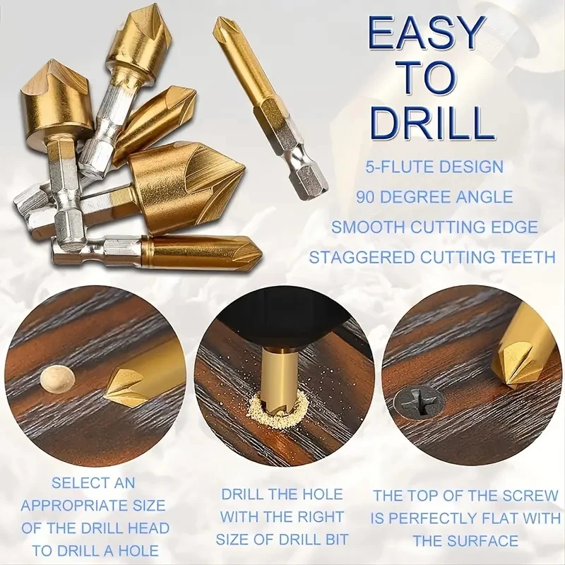 Juego de brocas para avellanado TS, 6 uds., vástago hexagonal de 1/4 ", 90 grados, 5 flautas, HSS, herramienta de corte central de biselado para madera, Chan rápido