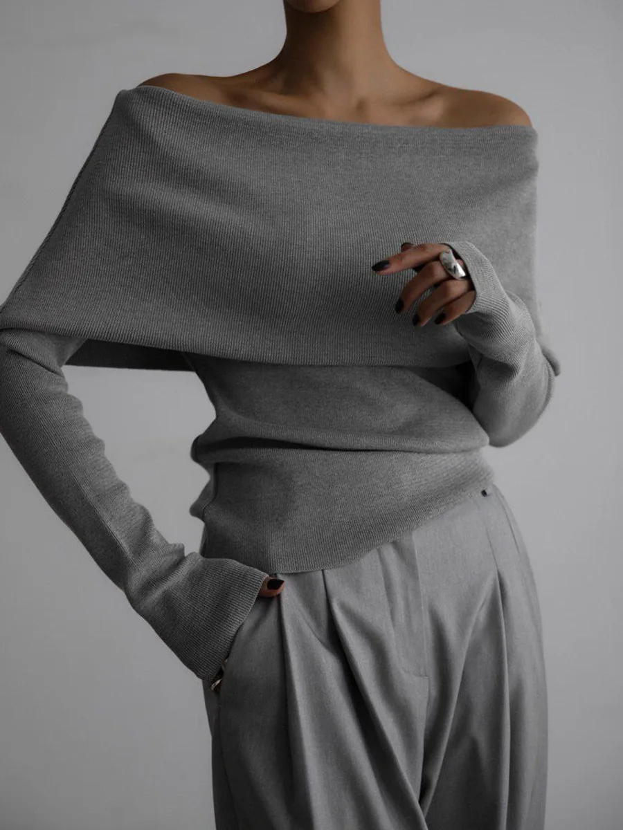 Suéter gris con hombros descubiertos para mujer, Top de punto, jerséis de manga larga, Tops, prendas de vestir exteriores, suéteres, ropa, rojo, negro, blanco, marrón, nuevo