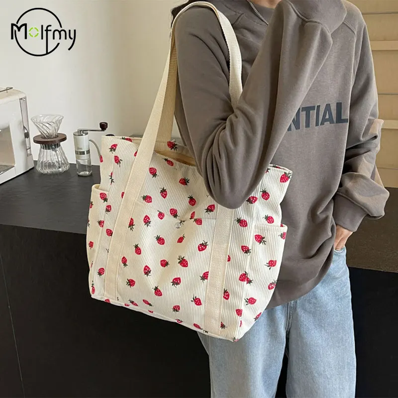 Aardbeien Corduroy Handtas Zoete Damestas Modieuze Veelzijdige Schoudertas Mooie Eenvoudige Commuter Dames Tote Bags