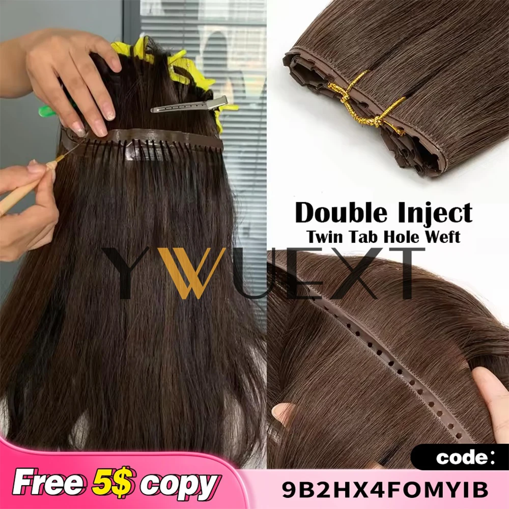 Double Inject XO Hole Weft Echthaarverlängerungen 12"-24" Invisible Twin Tab Weft Hair Pull Through Micro Hair Natural Straight