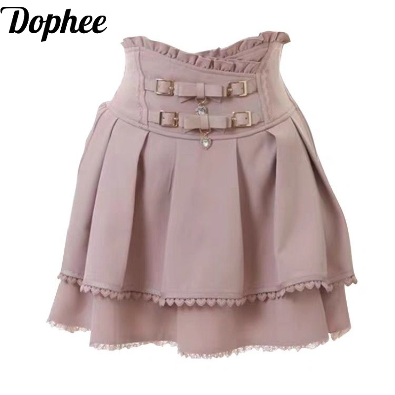 Dophee Japanese Spring Summer Women Short A-line Skirts Elegant High Waist Double Bow Leather Button Diamonds Love Mini Skirt