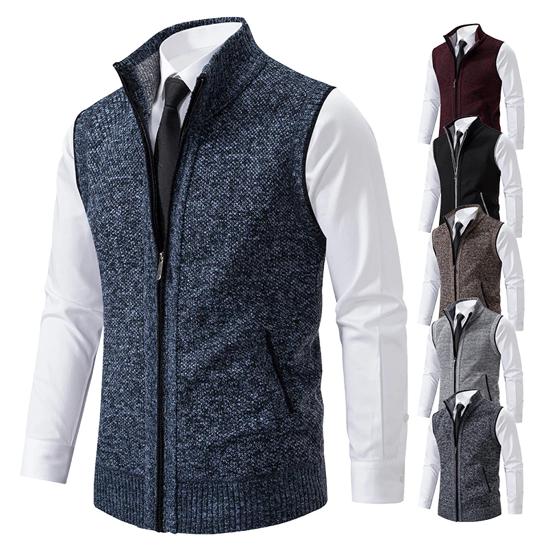 Chaleco de punto para hombre, suéter sin mangas, chaqueta de lana y terciopelo con cremallera, cárdigan, jerséis con cuello alto, chaleco de punto