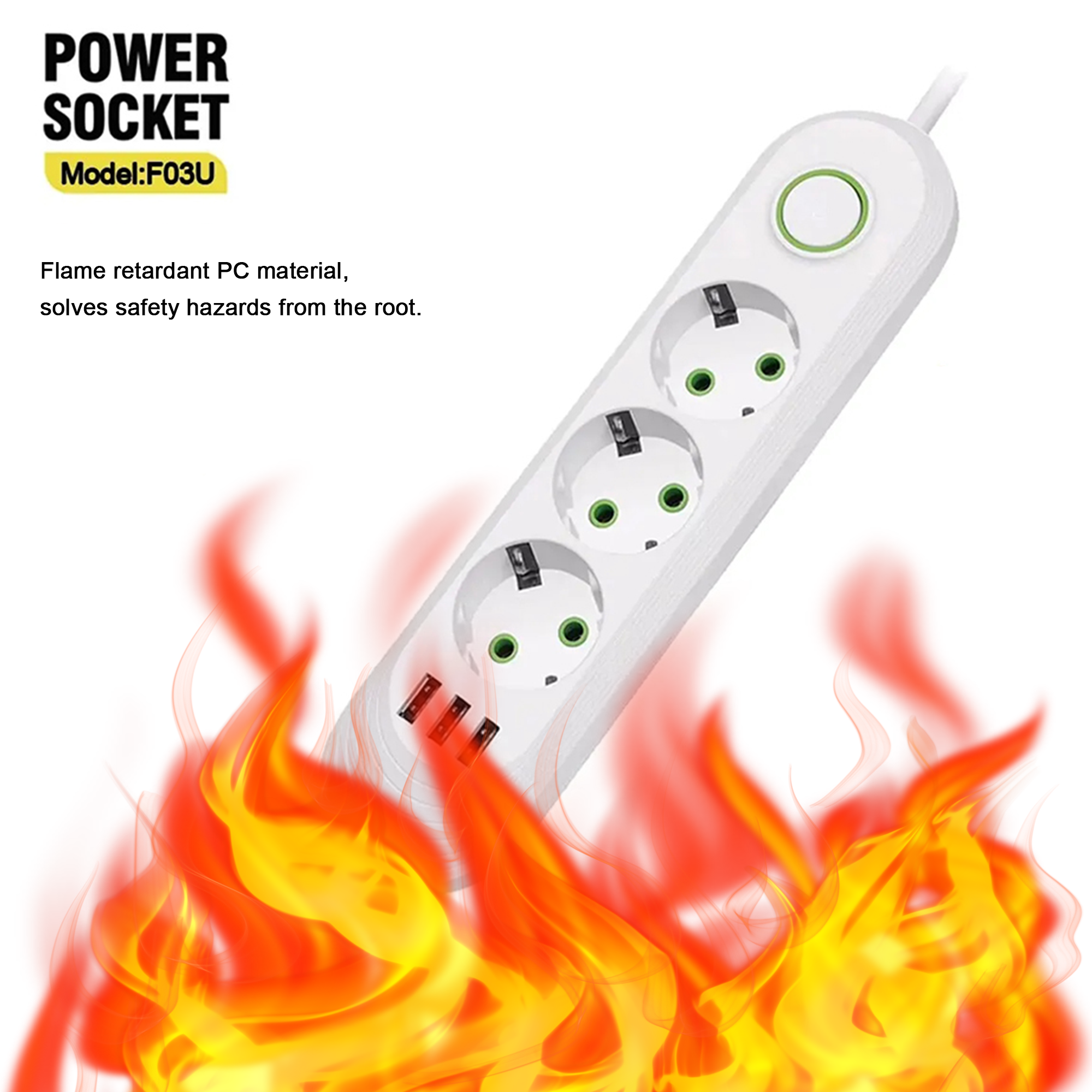 EUプラグ電源タップ,3つのUSBポート,延長コードソケット,ネットワークフィルター,AC出力,2500W,充電アダプター