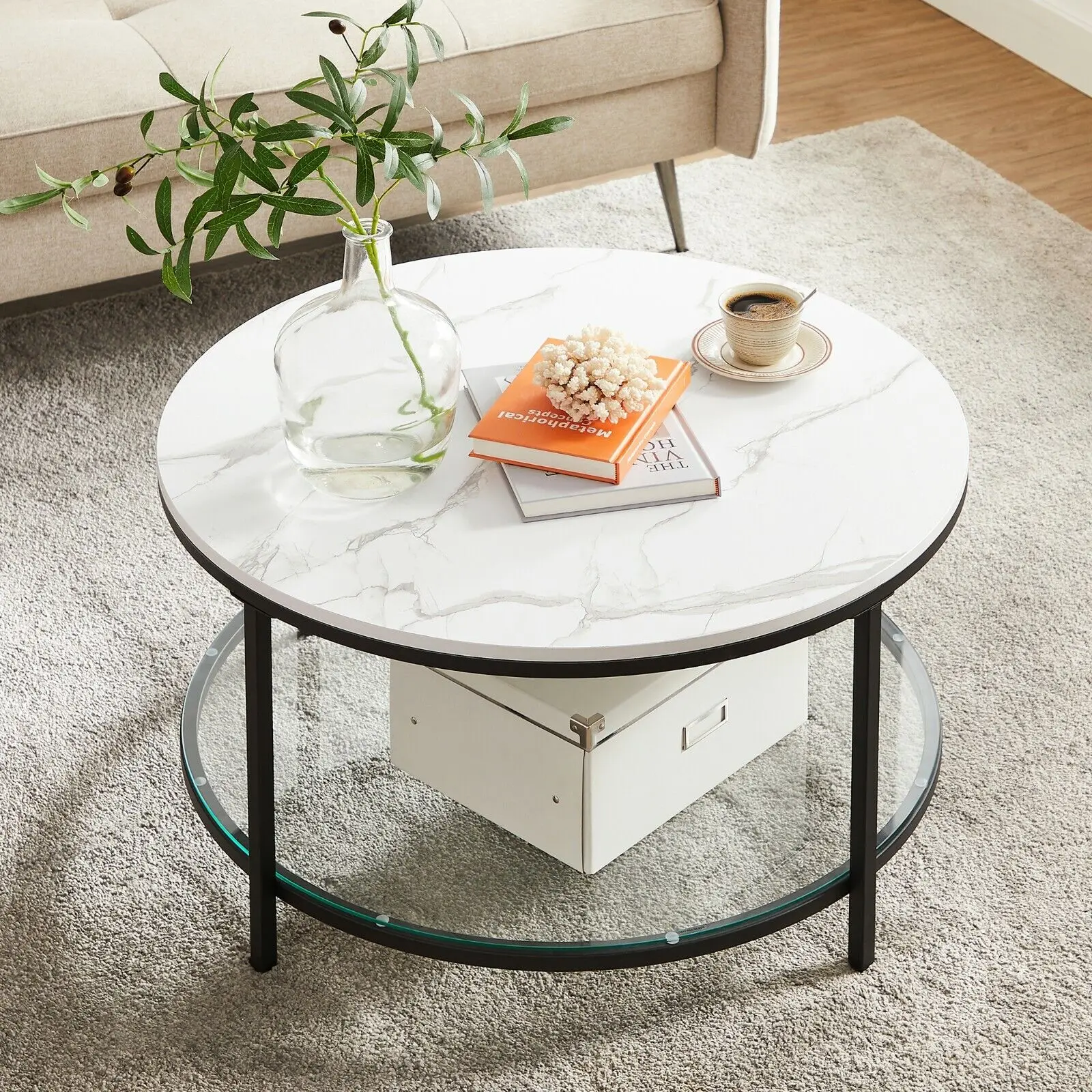 VASAGLE Table Basse, Table de Salon, Table Canapé Apéro, Façon Marbre, Support en Verre Trempé, Facile à Assembler, pour Salon, Style Moderne, Blanc