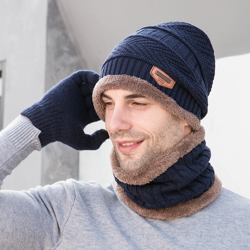 3 Stuks Set Wintermuts Sjaals Touchscreen Handschoenen Warme Mannen Mode Verdikking Plus Wollen Nek Bescherm Pet Voor Buiten Rijden