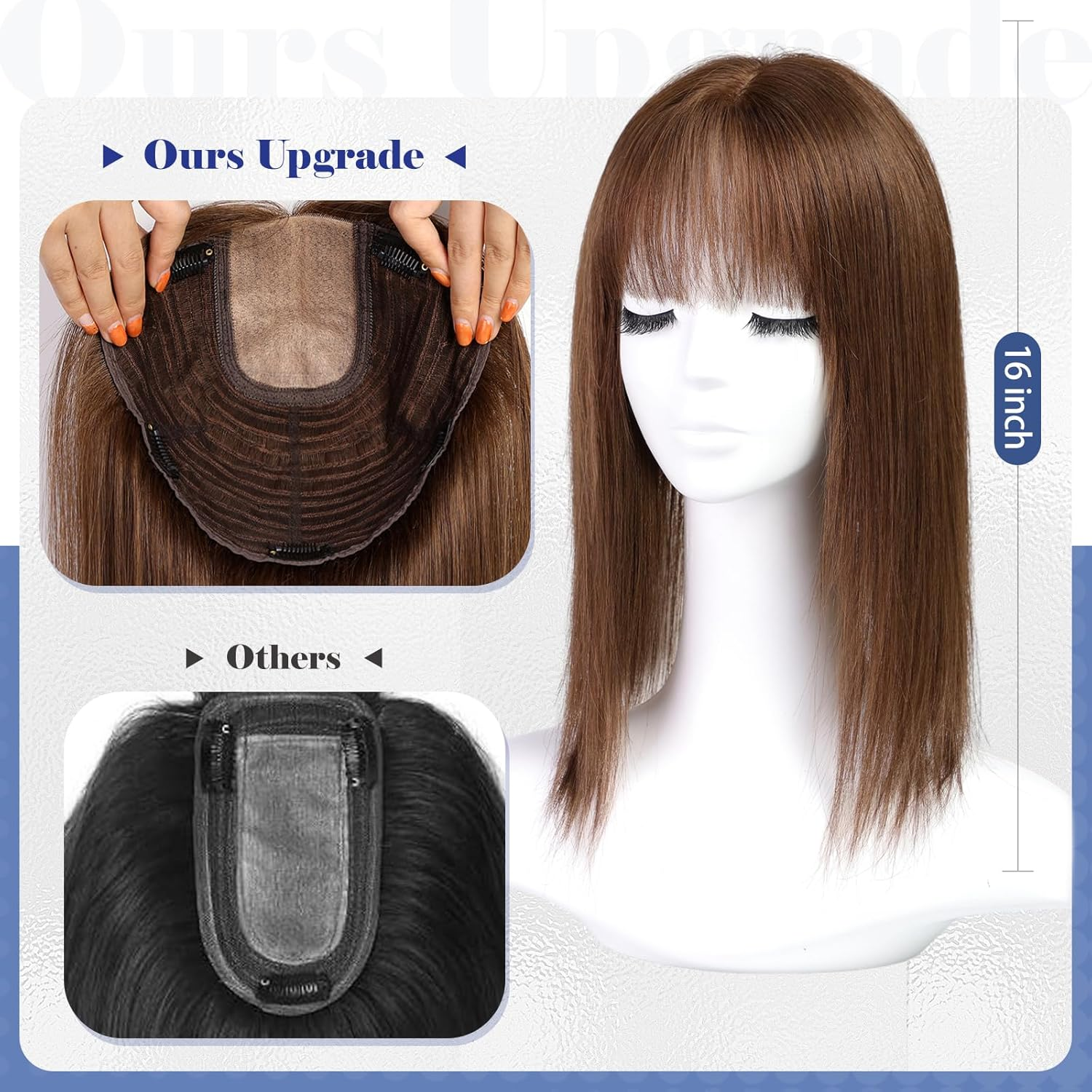 9x9 pouces grandes pièces de cheveux de Base brun foncé Toppers de cheveux humains 16 pouces Toppers pour les femmes avec plusieurs Clips antidérapants