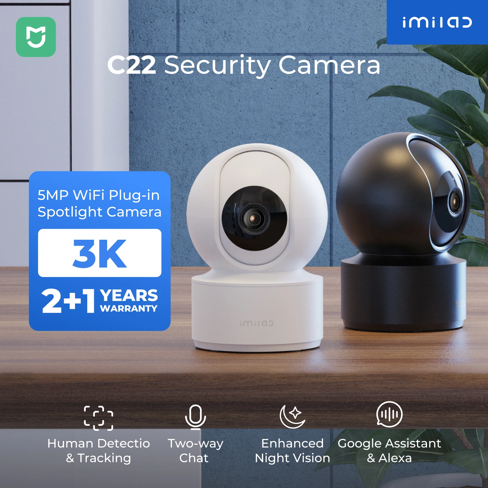 Cámara interior de seguridad IMILAB C22 3K - 360 °   Ver cámara de inicio con visión nocturna en color para monitor de bebés/mascotas Detección WiFi6 AI