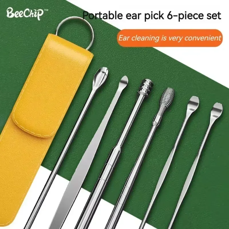 Um conjunto de 6 peças de colheres de ouvido de aço inoxidável com limpeza em espiral de 360 graus para manter as orelhas limpas e saudáveis conjunto de colheres de ouvido
