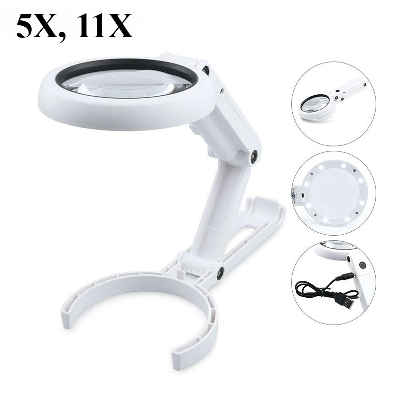 Foldable with 8 LED Light 5x 11x Stand Desk for Jewelry Appraisal Reading Repair Magnifying Glass Portable Hand-held