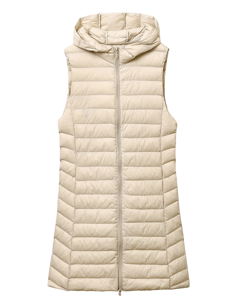 0-10 ℃   女性チョッキ 2024 秋冬超軽量ダックダウンベストポータブルフード付きキルティングノースリーブコートフグロングライナー