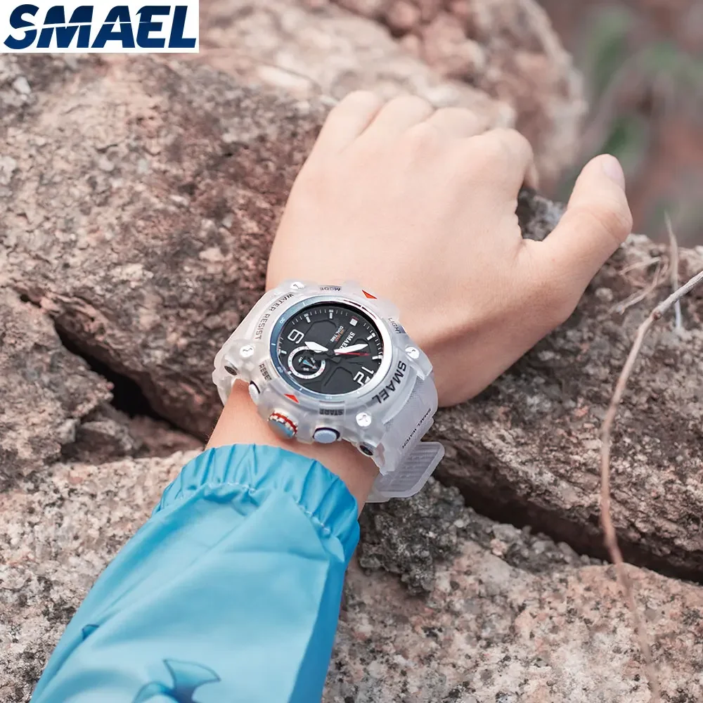 SMAEL 8007 Reloj electrónico brillante resistente al agua con pantalla dual para exteriores para hombre Reloj transparente para exteriores