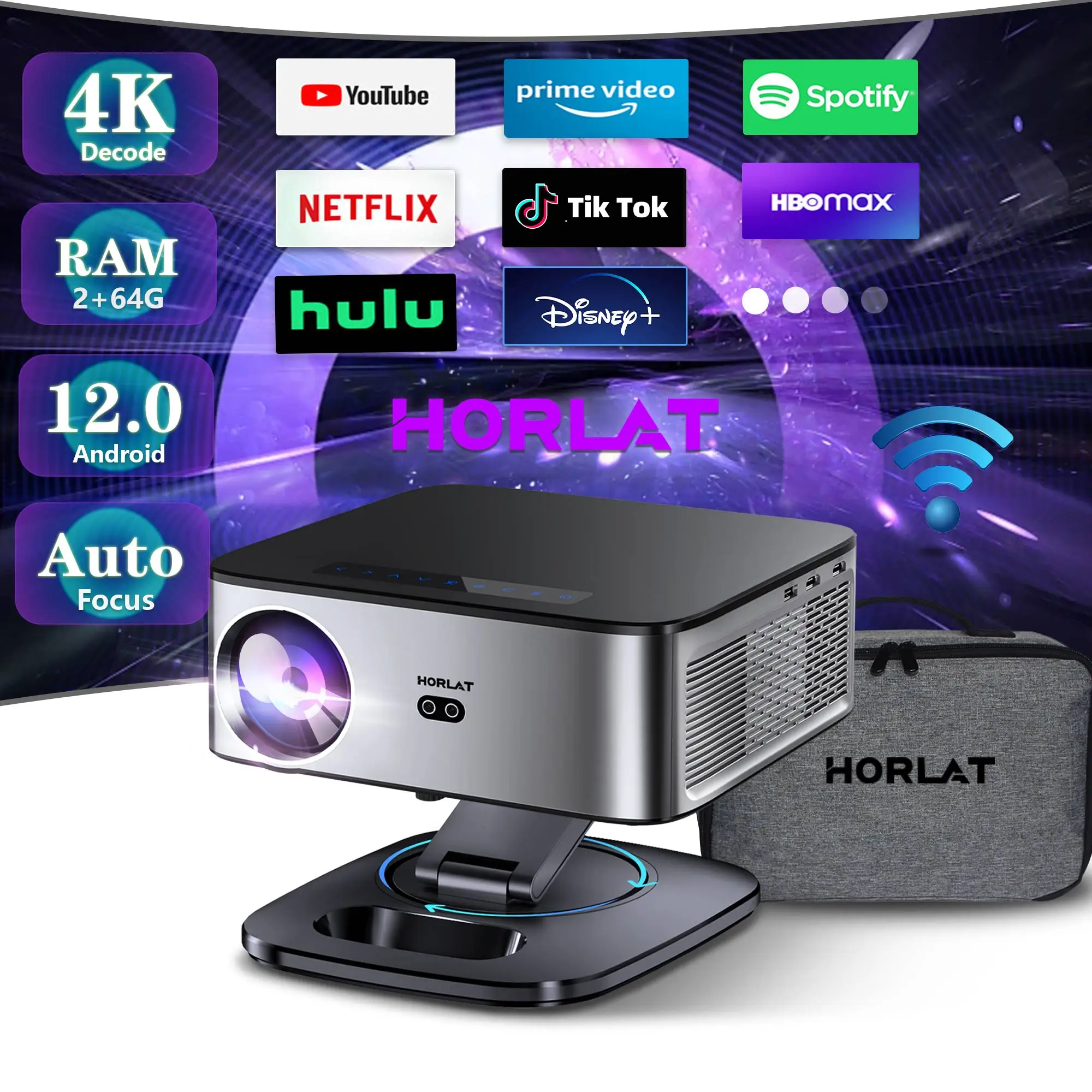 Horlat 35000 Lumens 4K UHD Projetor Android 12 WiFi 6 BT5.2 64G Native1080P Full HD Projetor de filmes de home theater para Netflix