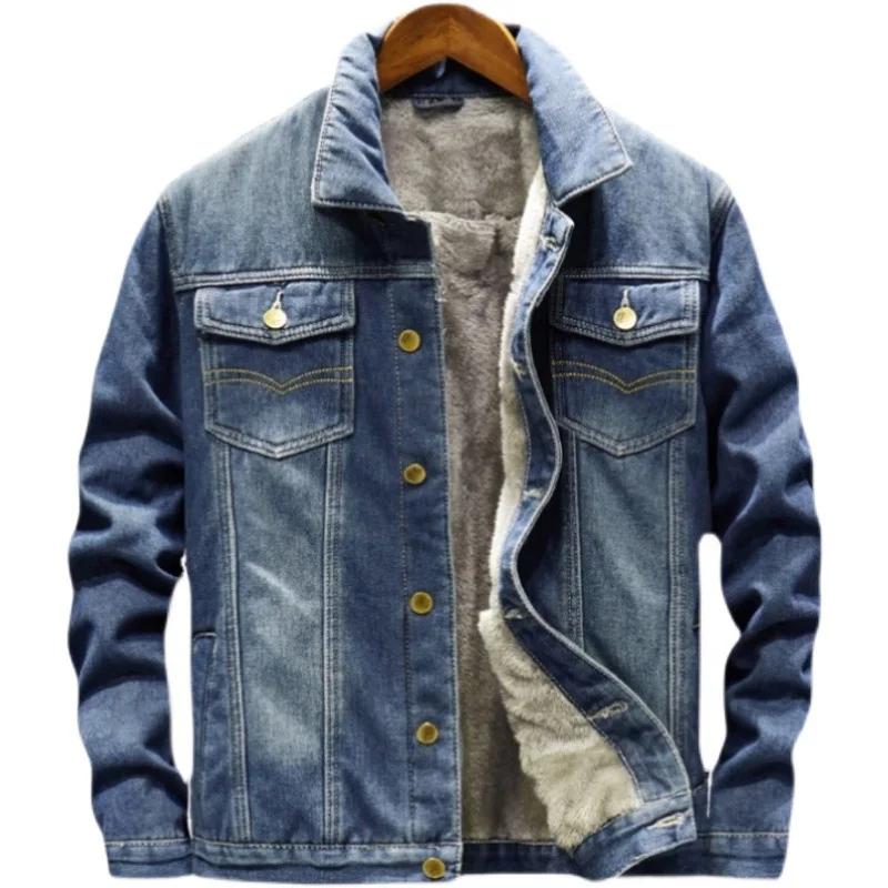 Denim Mantel Männer Dicke Jacken Warme Mäntel Drehen Unten Kragen Volle Hülse Einreiher Einfache Casual Lose Jacke Winter