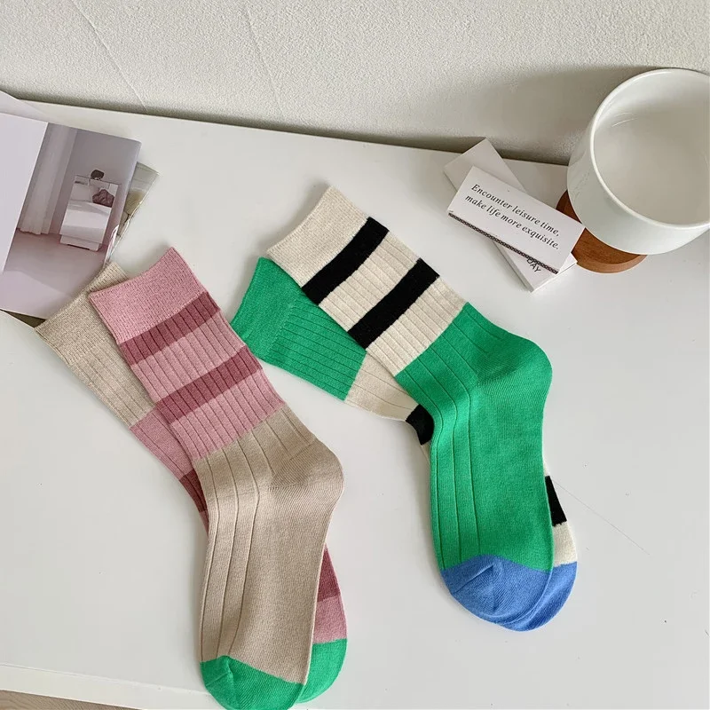 Retro meias femininas estilo coreano nova novidade algodão casual cor misturada moda japonesa ab meias conforto listrado para meninas