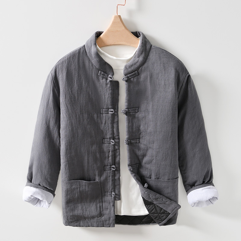 Chaqueta acolchada cálida de estilo chino Retro para hombre, chaqueta holgada Harajuku de Color sólido que combina con todo, prendas de vestir con botones y nudo de lino y algodón para hombre