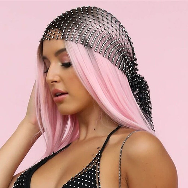 Akyzo Fishnet Plaid Bling Strass Frauen Kopf Schal Aushöhlen Patchwork Glitter Kristall Trendy Wilden Stirnband Turban Haar Hut
