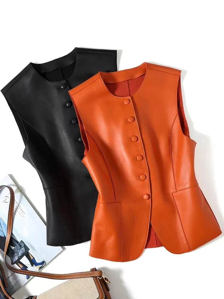 Chaleco de piel de oveja de botonadura única para mujer, cuello redondo, Chaleco de cuero genuino, prendas de vestir exteriores cortas, primavera y otoño