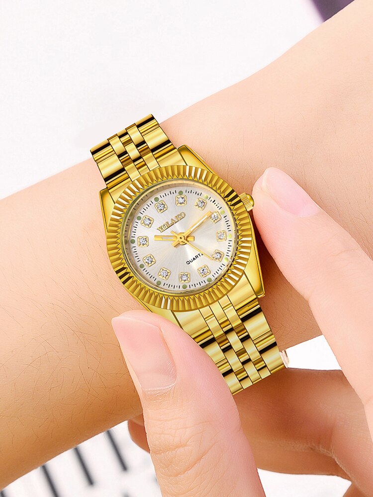 1 peça relógio de quartzo feminino com pulseira de aço dourado da moda