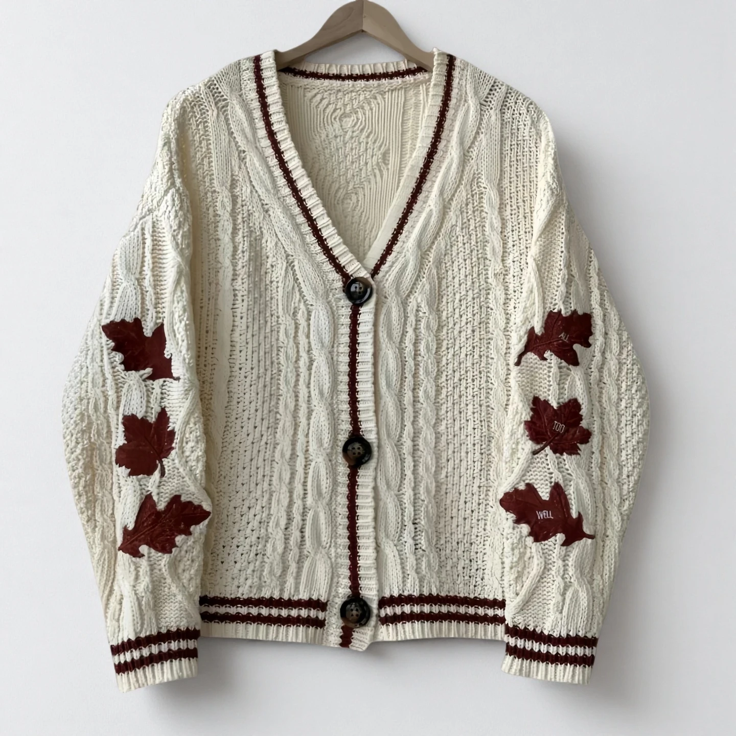 Outono vermelho maple leaf bordado folhas de malha cardigan feminino inverno com decote em v único breasted mostrar y2k estilo cardigans meninas