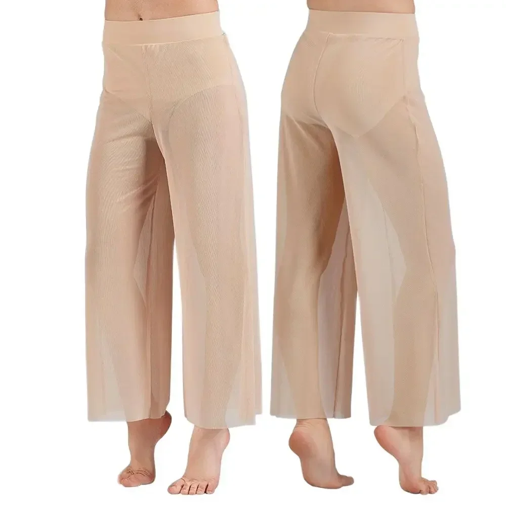 Pantalones de pierna ancha de malla lírica, pantalones palazzo contemporáneos de cintura alta para danza de Ballet moderna, trajes de danza clásica de tallas grandes