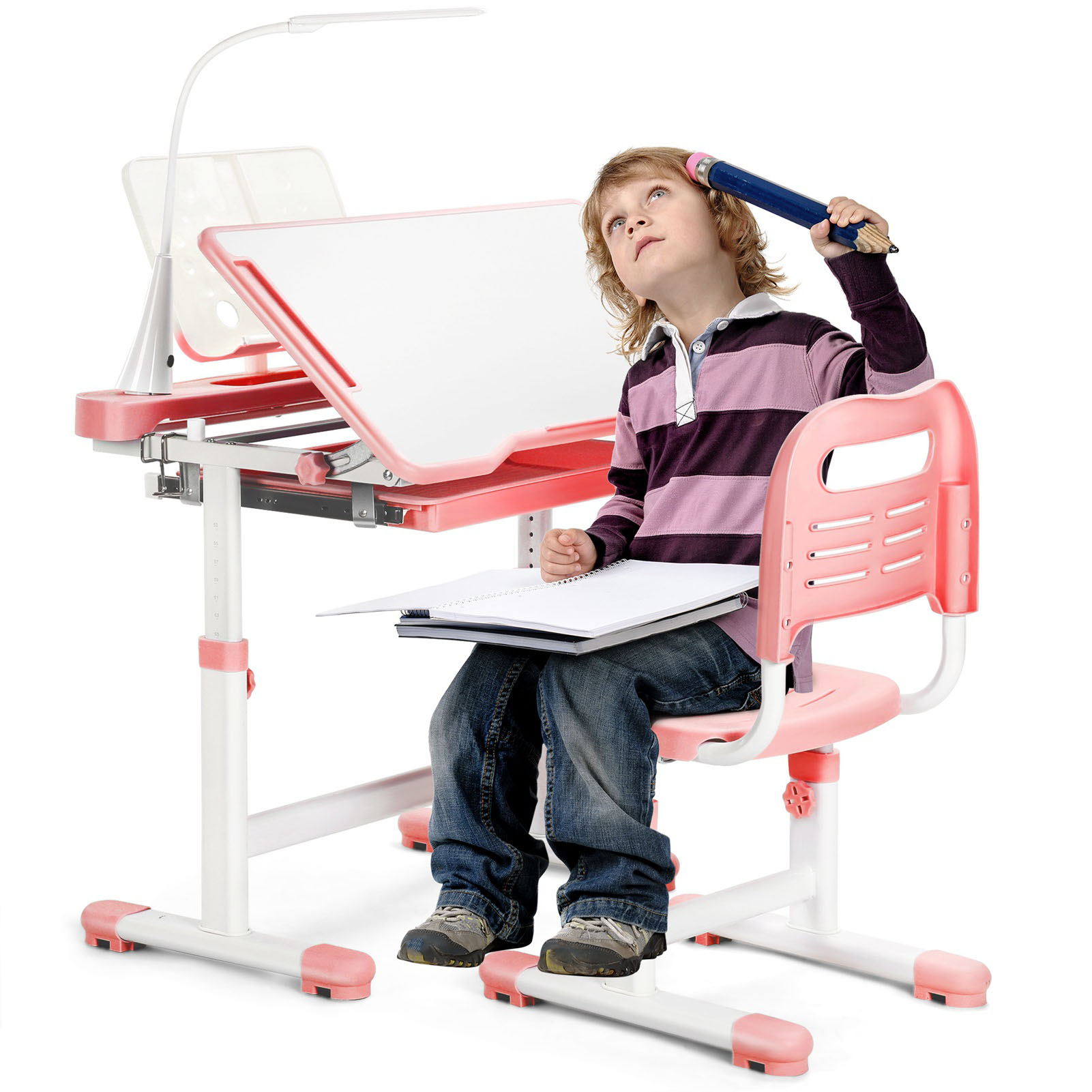 Verstellbares rosa Kinder-Studientisch- und Stuhlset mit 0-55 °   Neigbarer Schreibtisch – Ergonomische multifunktionale Möbel für das Lernen zu Hause