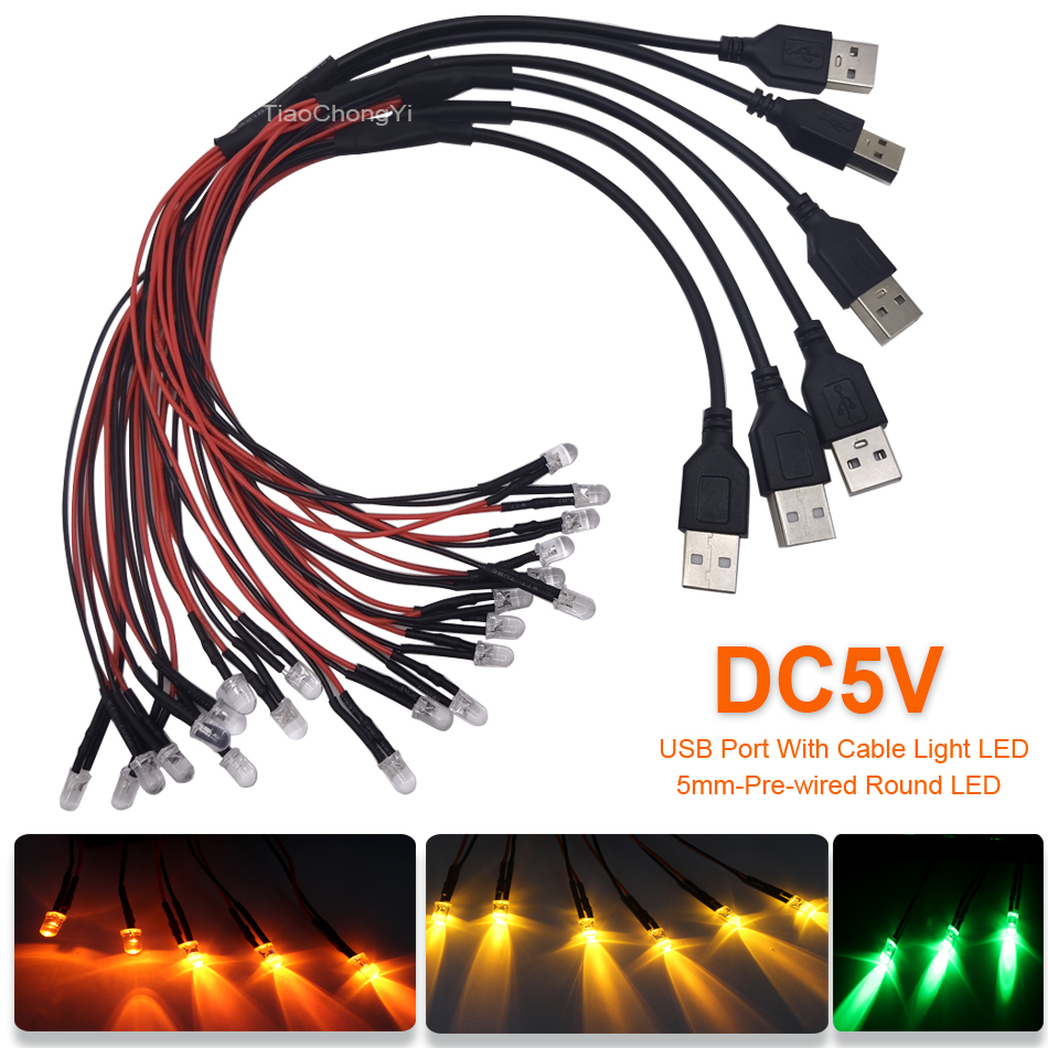 DC5V USB-Anschluss mit 5 mm vorverdrahtetem rundem LED-Modelllicht, LED-Leuchtdiode, Rot, Grün, Blau, für DIY-Nachtlicht, manuelles Licht