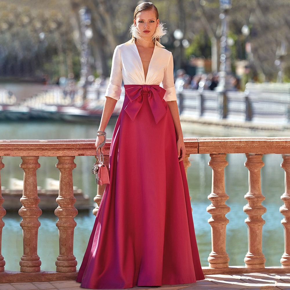 Robe de soirée de mariage ivoire bordeaux, col en V profond, demi-manches, robes de soirée formelles pour femmes, longueur au sol, ligne A, robe de bal en Satin