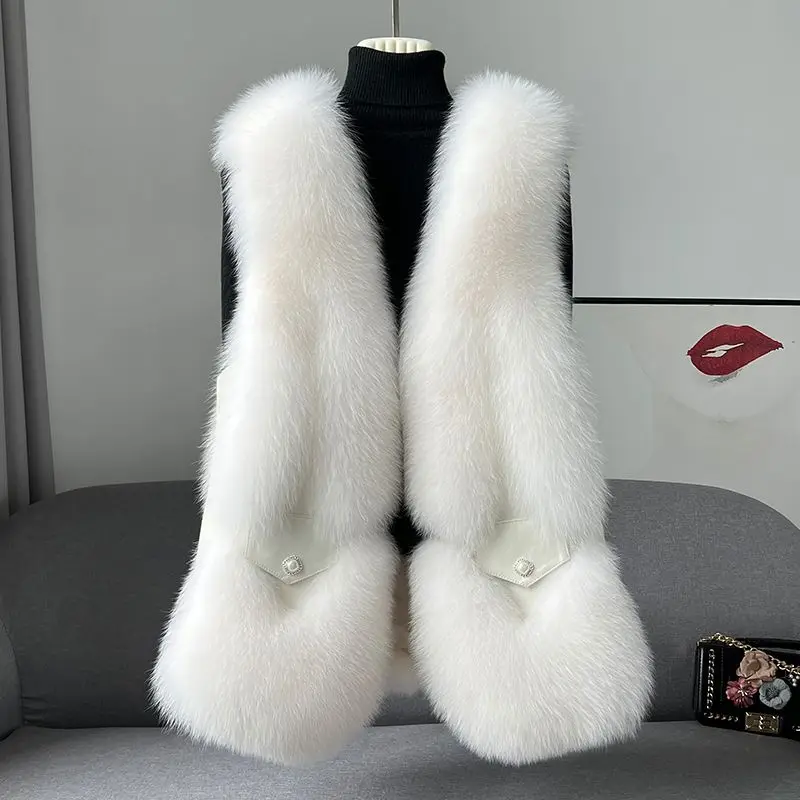 2023 neue Fuchs pelz Gras weste Damen mittellanges Leder und Fell einteiliger echter Woll-Tanktop