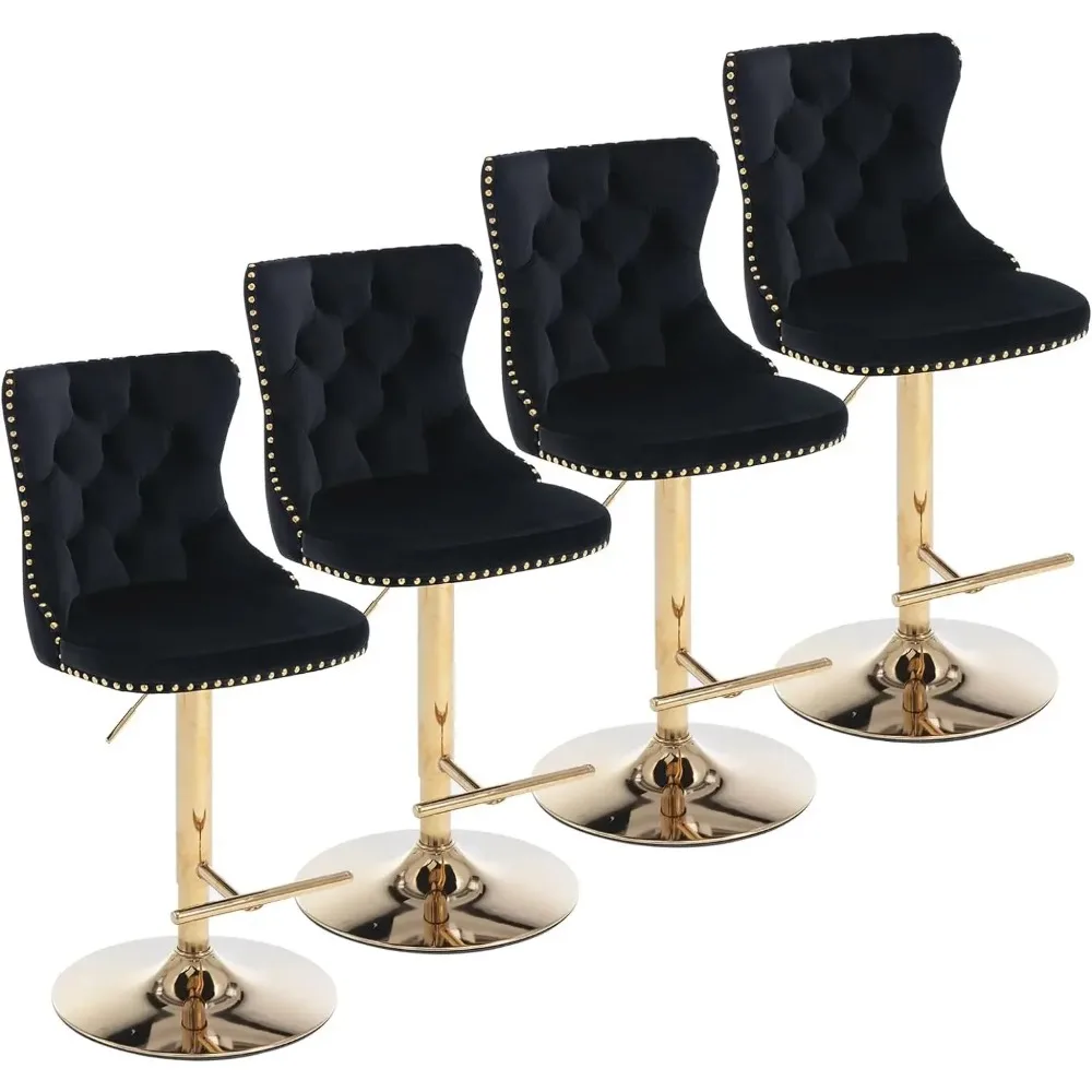 Bar Stools Set of 4 Adjustable Counter Height Barstools with High Back Button Tufted and Nailheads Trim Velvet Upholstered
