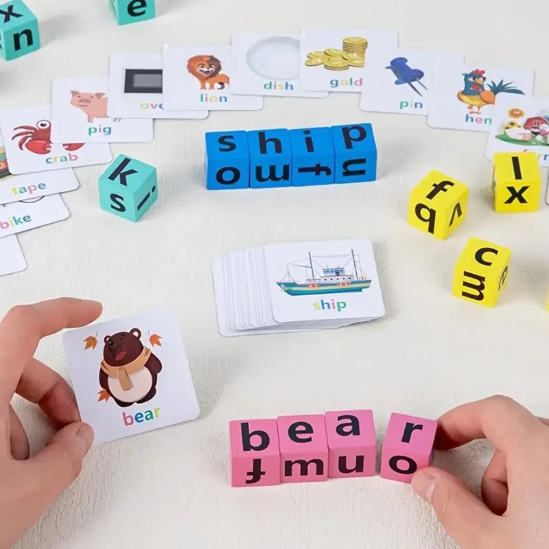 Word Spelling Game Wooden Reading Building Blocks With 40 Cards Letters Puzzle For Kids Montessori Alphabet Learning Toy