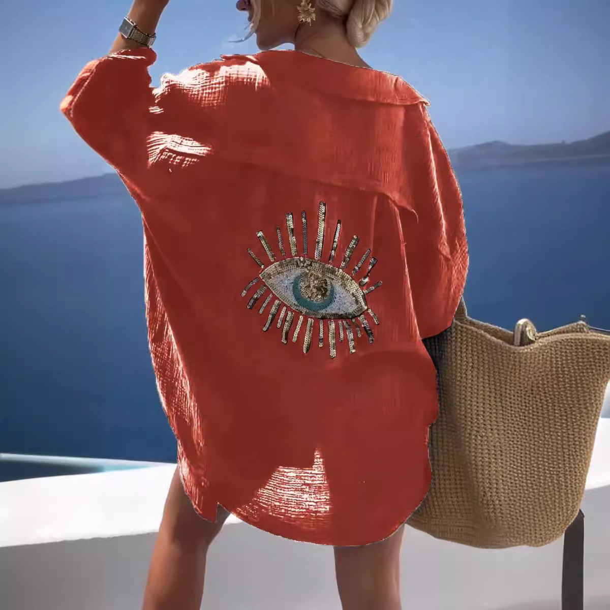 Vestido camisero informal de verano con lentejuelas para mujer, vestido camisero de lino y algodón con botones holgados estilo playero a la moda, Tops para mujer