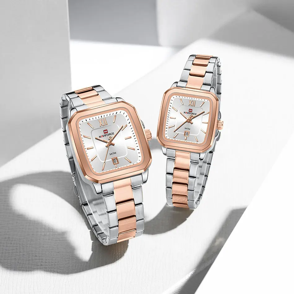 NAVIFORCE นาฬิกาคู่กันน้ํา Casual แฟชั่นผู้หญิงผู้ชายนาฬิกาควอตซ์สุภาพสตรีสแตนเลสคุณภาพสูงนาฬิกา Lover วันที่ของขวัญ