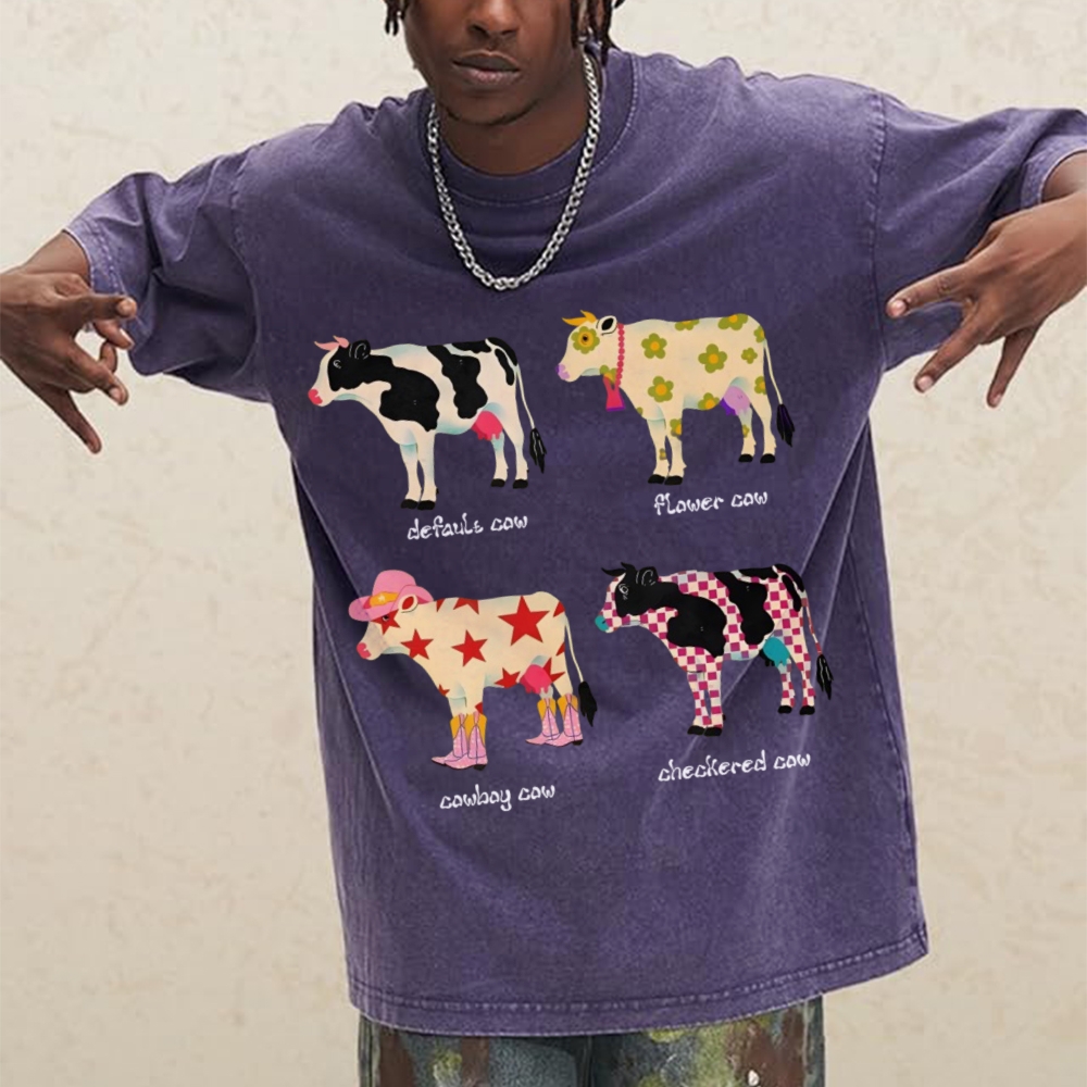 Camiseta con estampado de vaca de dibujos animados, algodón puro, hombros lavados, cuello redondo, estilo Neutral, tendencia de moda, nuevas mangas cortas de alta calidad