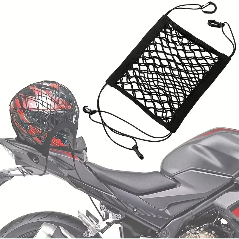Rede de carga para motocicleta, alta elasticidade, camada dupla, rede de carga elástica para armazenamento de capacete, com ganchos, rede de bagagem