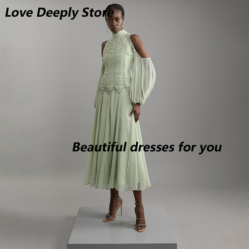 Personalizado elegante alta pescoço vestidos de noite simples chiffon plissado a linha vestidos de cocktail contas de cristal midi vestido de festa