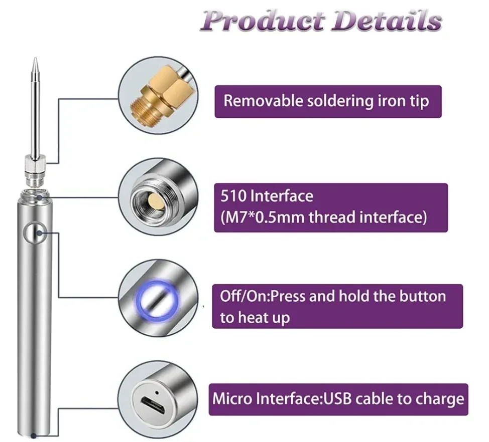 USB Cordless Soldering Iron Tool Pen Portable 5V 8W Electric Powered 1Tip Kit Rechargeable and Temperature Adjustmen