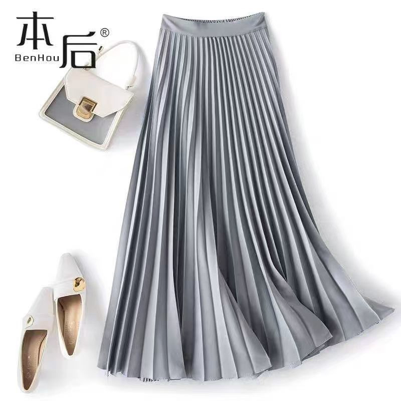 Vrouwen Vintage Midi Rok Brede Elastische Tailleband Hoge Taille Geplooide A-Lijn Rok Zomer Effen Kleur Gladde Satijnen Lange Rokken
