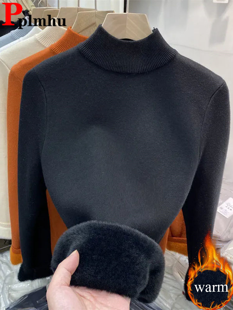 スリムハーフタートルネックニットセーター女性ニットベルベット裏地ジャンパー冬暖かい厚みのプルオーバーソフトジャージスエットトップス