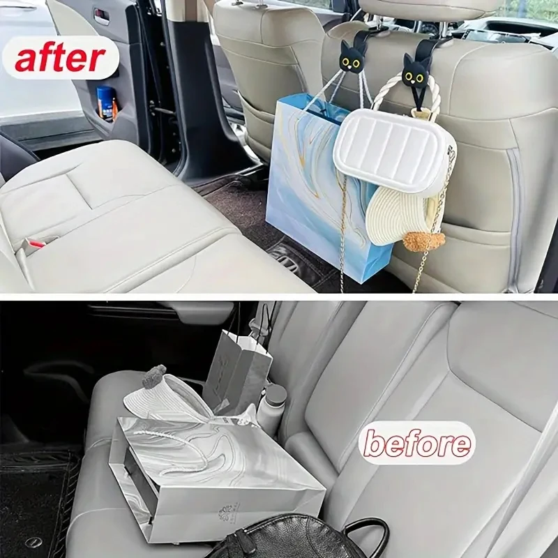 Ganchos para reposacabezas de asiento de coche con diseño de gato de dibujos animados en 3D, organizador Universal de almacenamiento de vehículos para bolsos, monederos, abrigos, 2 uds.