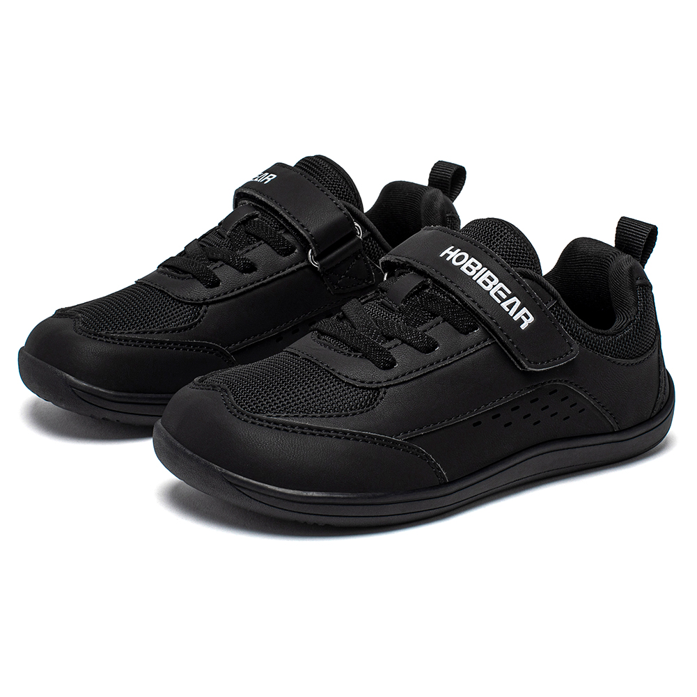 HOBIBEAR Kids Wide Toe Shoes Big Kid Barefoot Hook Loop Minimalist Sneakers Artificial Leather Mesh Shoes