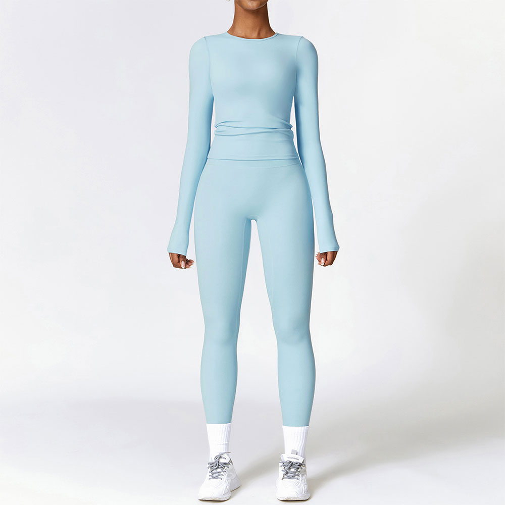 Conjunto de Yoga sin costuras para mujer, ropa deportiva de entrenamiento, ropa de gimnasio, Top corto de manga larga, mallas de cintura alta, trajes deportivos, 2 uds.